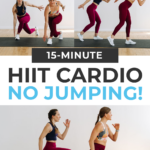 Pin for Pinterest of two women performing home cardio exercises