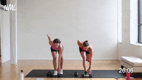 two women performing a single leg deadlift without weight in a high intensity workout