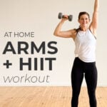 Decorative pin for pinterest - woman performing a dumbbell hiit workout