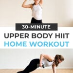 Decorative pin for pinterest - woman performing a dumbbell hiit workout