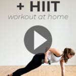 Decorative pin for pinterest - woman performing a dumbbell hiit workout