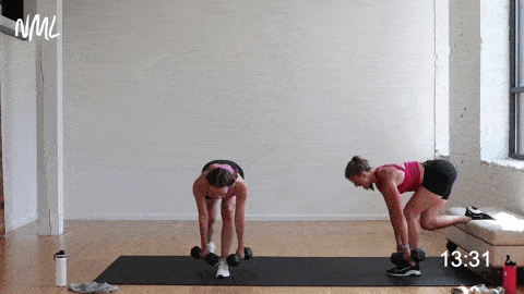two women performing a rear foot elevated lunge and deadlift in a HIIT workout