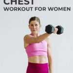 Pin for Pinterest of woman performing dumbbell chest exercises in a chest workout