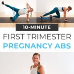 Pin for Pinterest of ab exercises that are safe for pregnancy. Images show a pregnant woman holding her belly and performing resistance band core exercises