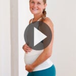 Pin for Pinterest of ab exercises that are safe for pregnancy. Image shows a pregnant woman holding her belly