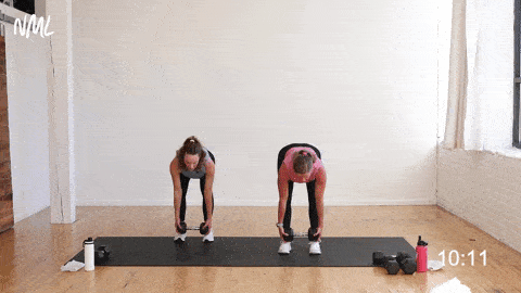 two women, one pregnant, performing a deadlift to lateral lunge as part of a prenatal workout at home