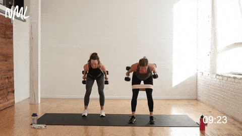 two women performing a hinge swing squat thrust in a 10 minute leg workout