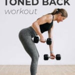 Pin for Pinterest back workout for women - shows woman performing a back row