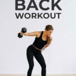 Pin for Pinterest back workout for women - shows woman performing a single arm back fly