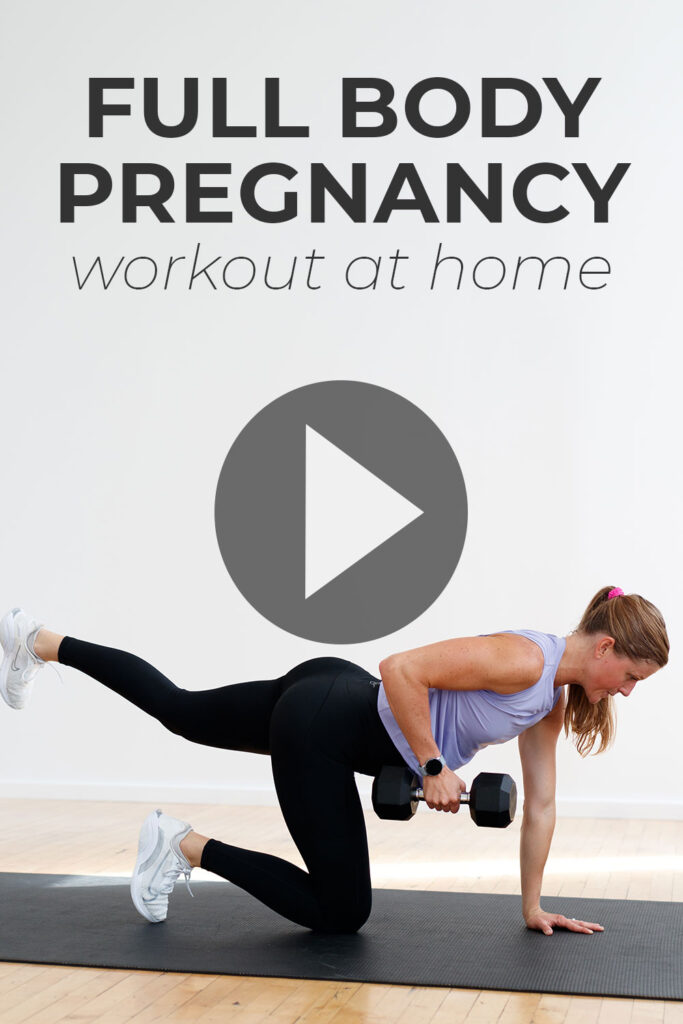 First trimester workout at home pin for Pinterest | image shows bird dog row with dumbbell