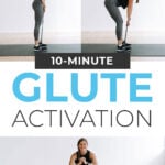 Pin for Pinterest of woman performing glute activation exercises with a resistance band