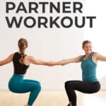 Pin for Pinterest of two women performing a bodyweight partner workout