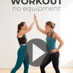 Pin for Pinterest of two women performing a bodyweight partner workout