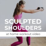 Pin for Pinterest of shoulder workout for women. Woman performing shoulder strength exercises