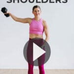 Pin for Pinterest of shoulder workout for women. Woman performing shoulder strength exercises