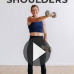 Pin for Pinterest of shoulder workout for women. Woman performing shoulder strength exercises