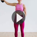 Pin for Pinterest of shoulder workout for women. Woman performing shoulder strength exercises