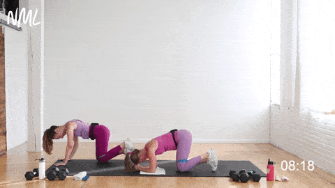 two women performing donkey kicks in a glute exercises workout at home