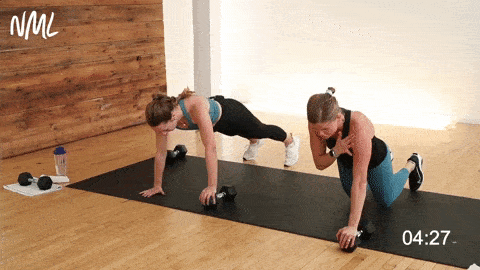 two women performing a push up and shoulder tap in an upper body and core workout at home