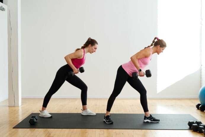 Two women performing a Single Arm Back Row | Dumbbell Back and Arms