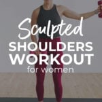 Pin for Pinterest of shoulder workout for women. Woman performing shoulder strength exercises