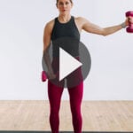 Pin for Pinterest of shoulder workout for women. Woman performing shoulder strength exercises