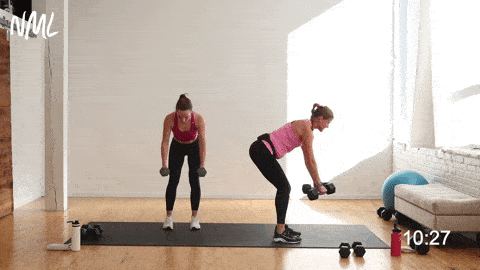 two women performing straight arm pullbacks as part of dumbbell arm exercises at home