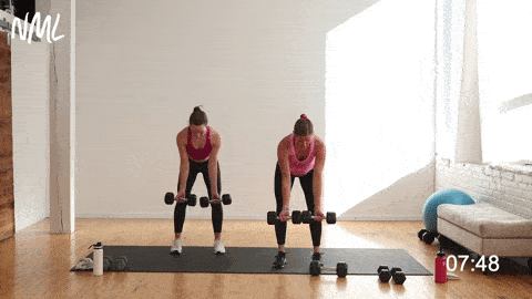 two women performing back rows and bicep curls in an arms and back workout at home