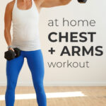 Pin for Pinterest of woman performing chest and arm exercises