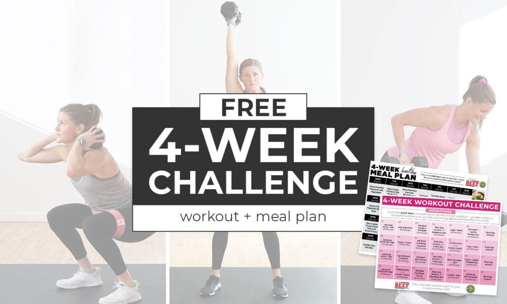 4-Week Challenge graphic + collage image of 3 workout moves overlayed with workout calendar and meal plan pdf images