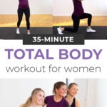 Pin for Pinterest of woman performing full body exercises in a HIIT circuit workout