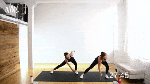 two women performing a side lunge or lateral lunge with two high knees
