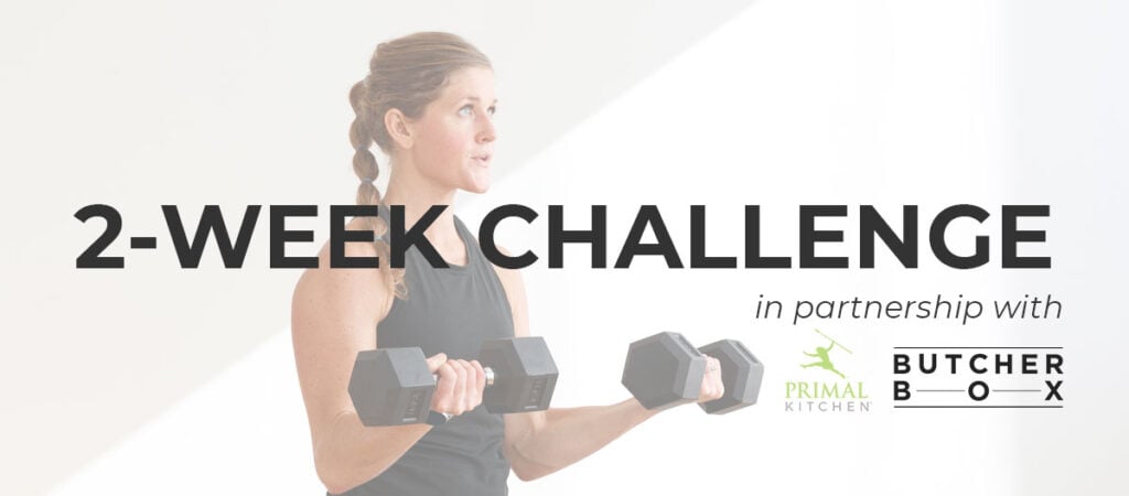 14-Day Challenge hero image, showing woman curling two dumbbells up towards her shoulders