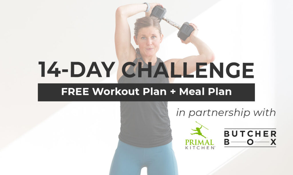 Free 14-Day Home Workout Plan and Meal Plan; image shows woman performing halo exercise with a dumbbell 