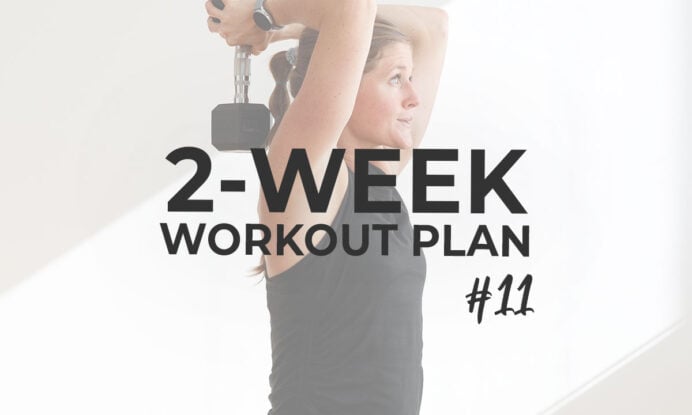 graphic showing 3 different exercises with text overlay '2-week challenge: workout and meal plan'