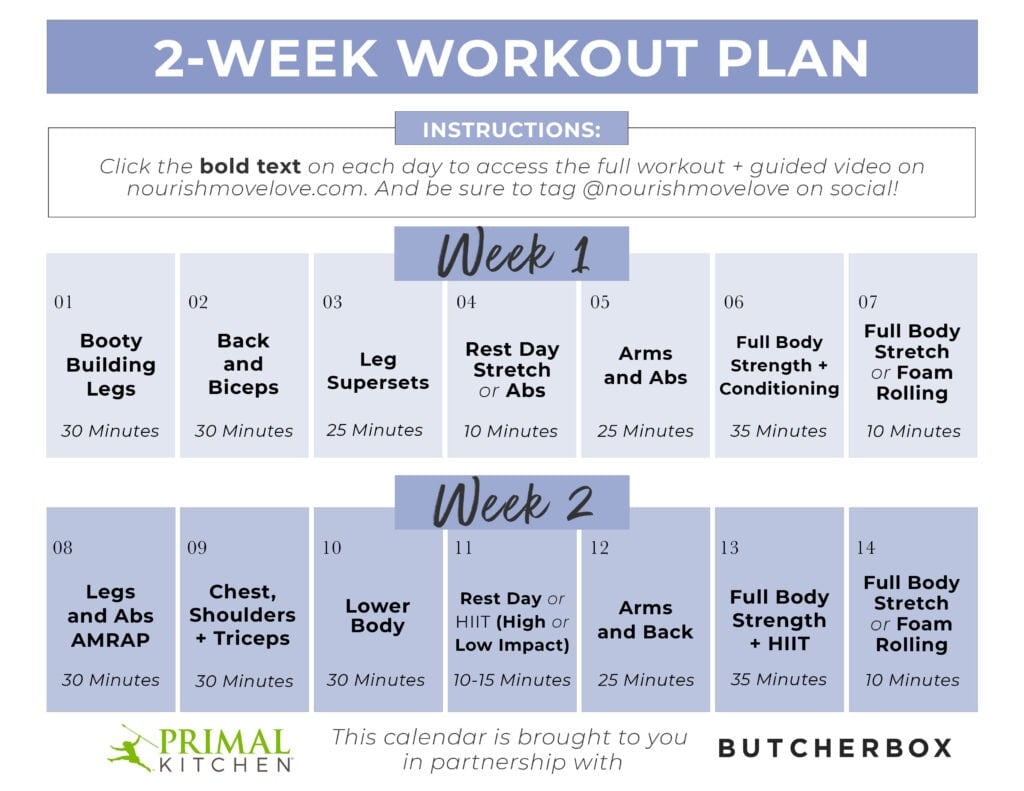 Free 2-week home workout plan calendar graphic with clickable links (pdf download) quick workouts at home