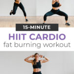 Pin for Pinterest of woman performing a HIIT cardio workout at home