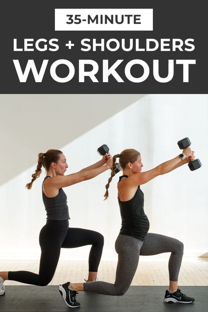 two women performing a lunge and 45-degree press out with a dumbbell in a leg and shoulder workout at home