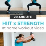 Pin for Pinterest of woman performing a HIIT workout with weights