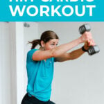 Pin for Pinterest of woman performing a HIIT workout with weights