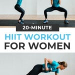 Pin for Pinterest of woman performing a HIIT workout with weights