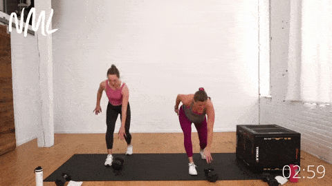 two women, one pregnant, performing single leg runners as part of low impact strength workout