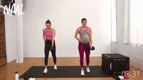 two women, one pregnant, performing a staggered deadlift and single arm row as part of low impact strength and cardio workout