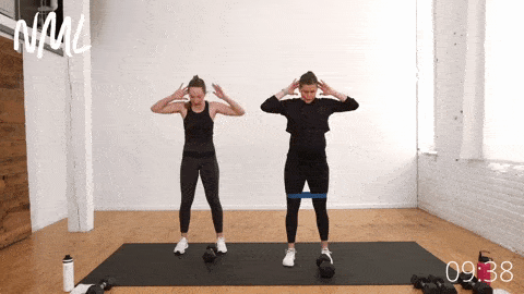 two women performing a good morning and side step squat as part of pregnancy leg workout