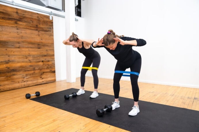 two women performing a good morning exercise as part of a pregnancy leg workout