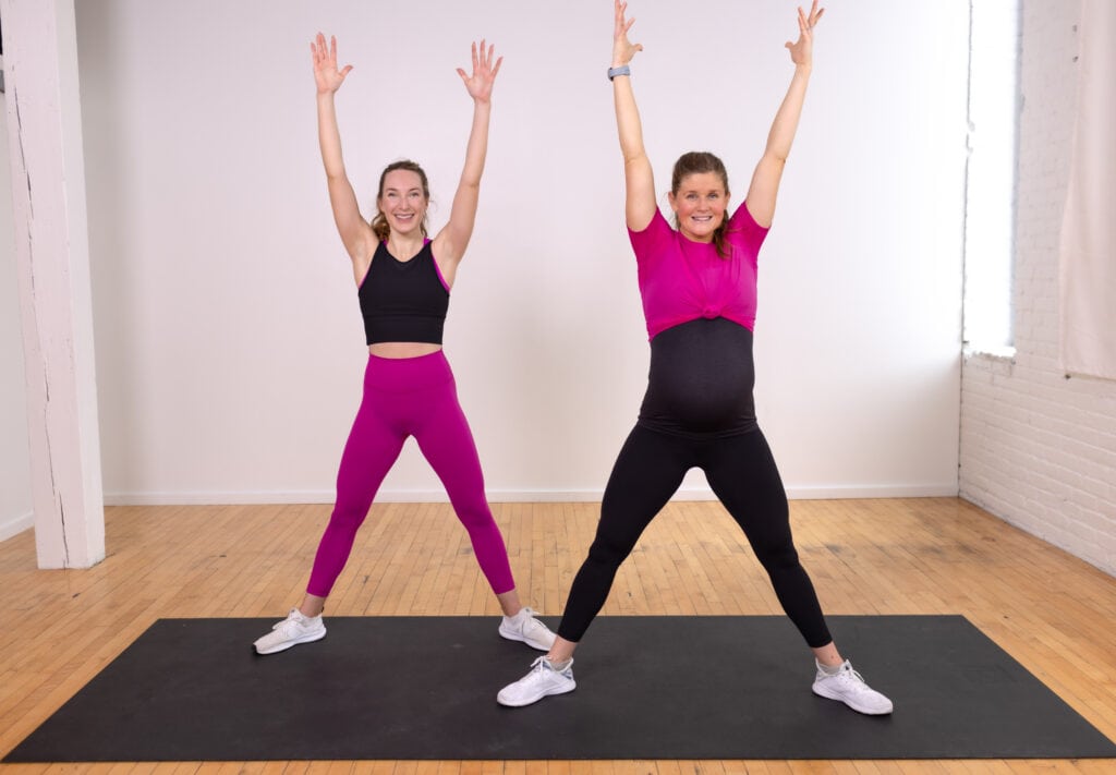One pregnant woman and one fitness beginner performing a squat and overhead reach, pregnancy safe exercises 