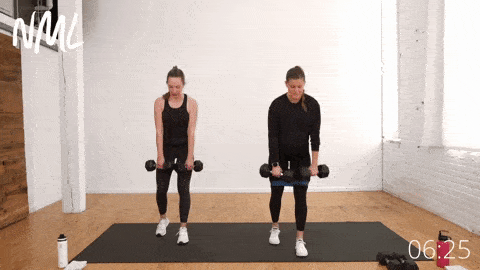 two women performing a staggered deadlift with dumbbells as part of a pregnancy leg workout