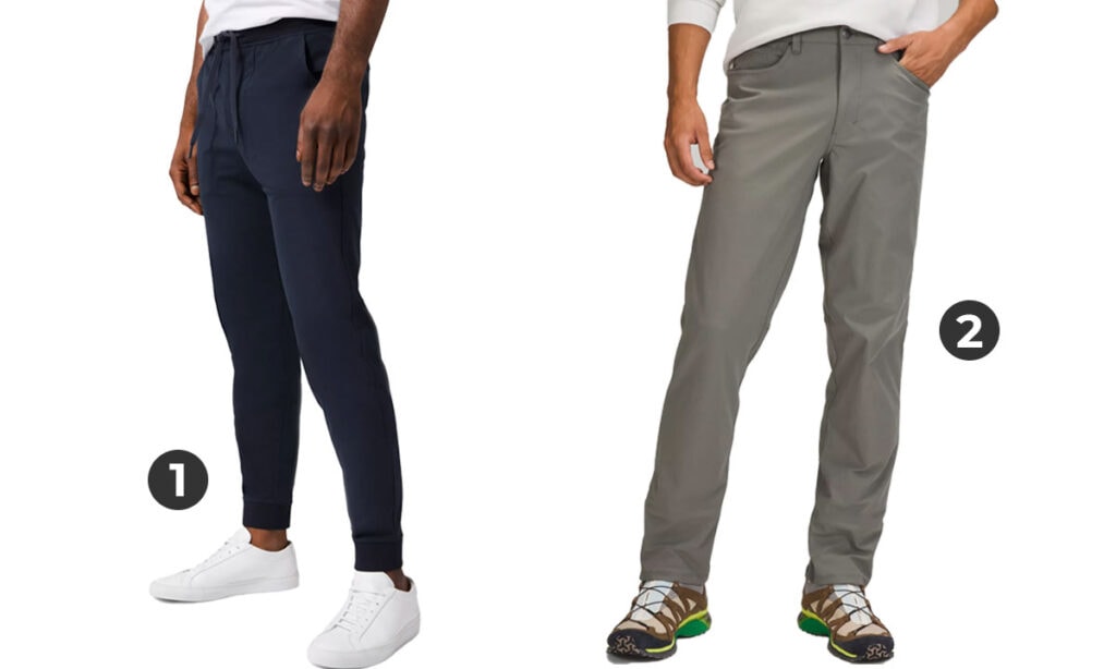 collage image of the best lululemon mens pants, featuring ABC jogger and ABC pant. 