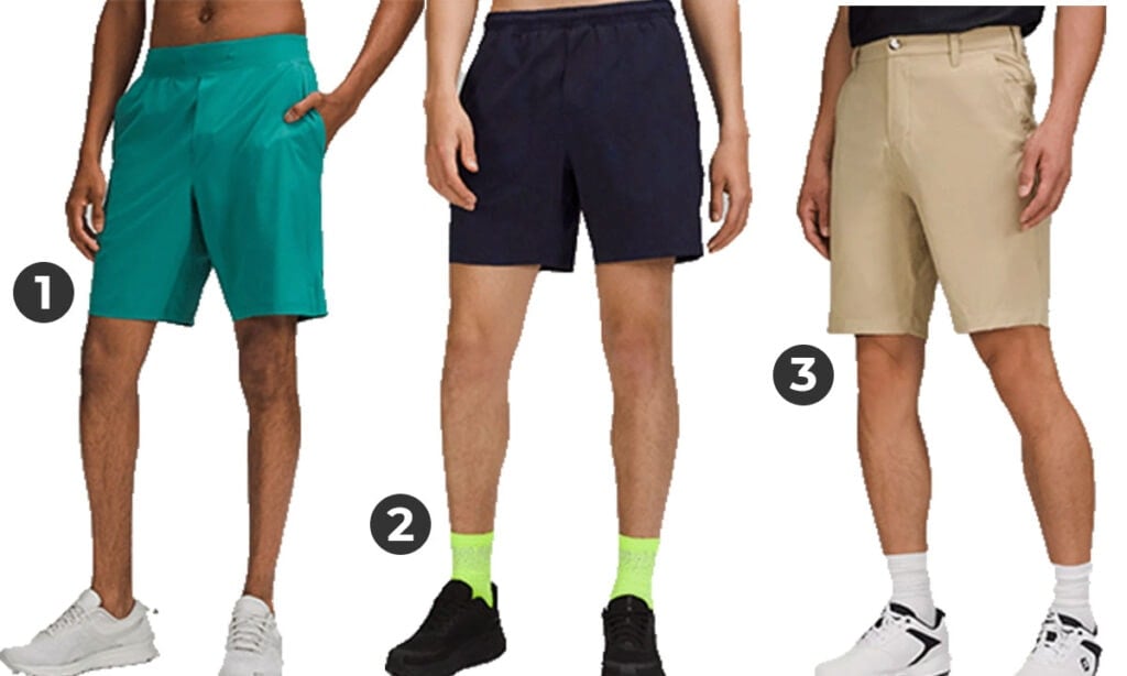 collage image of the best lululemon mens shorts, featuring T.H.E Linerless short, pace breaker short and commission short