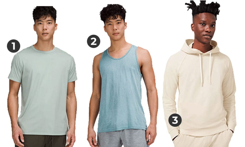 collage image of lululemons shirts - fundamental tee, tank and city sweat sweatshirt
